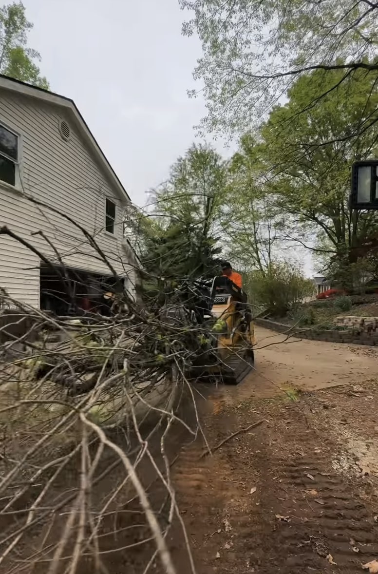 Tree service crew clearing fallen branches and debris after storm damage Tree service crew clearing fallen branches and debris after storm damage
