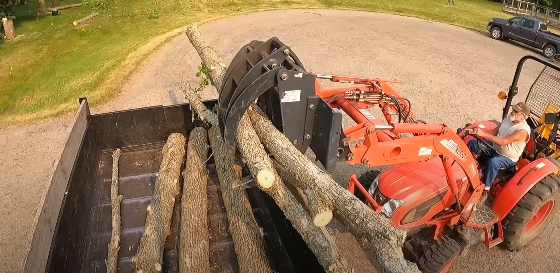 Professional tree service equipment loading cut logs for removal Professional tree service equipment loading cut logs for removal